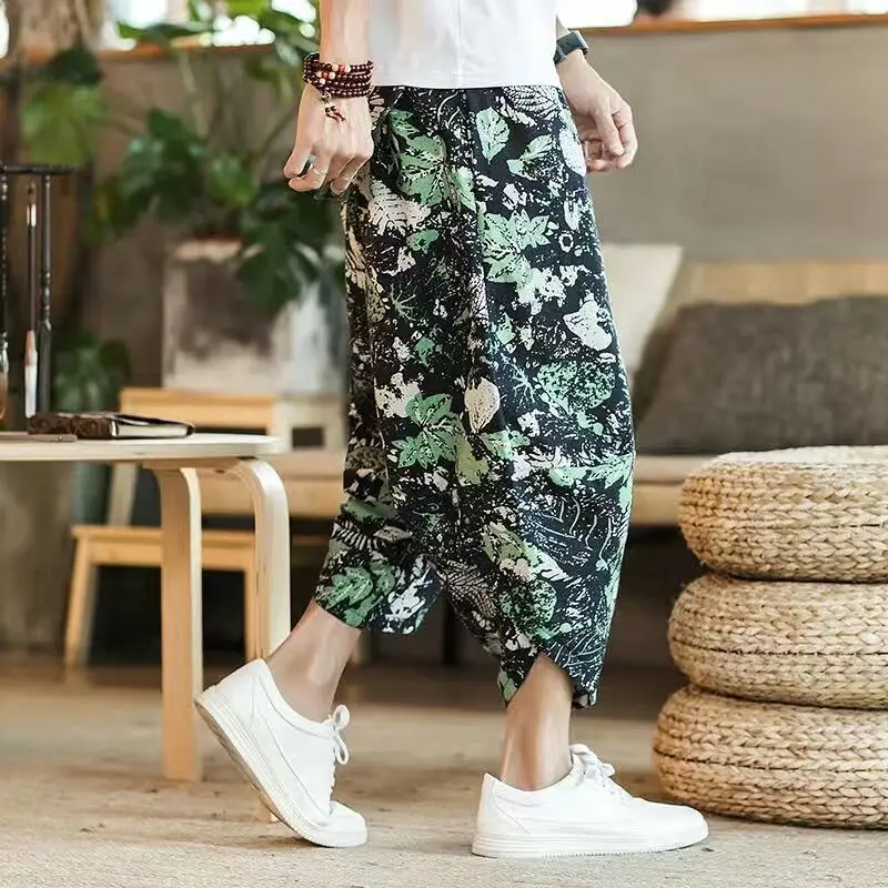 Summer Loose Casual Harajuku Y2K Printing Cotton Linen Harem Shorts Male Elastic Waist Streetwear Fashion All-match 5XL Pants