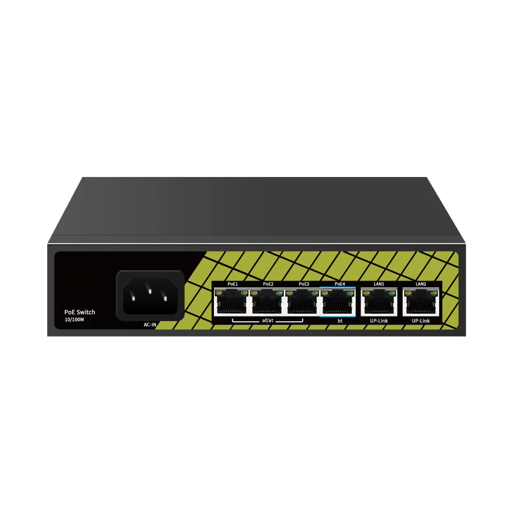 AI Long Distance PoE Switch Support IEEE802.3af/at/bt 2*100Mbps  up-link +4*100Mbps PoE Watchdog AI Function PoE port