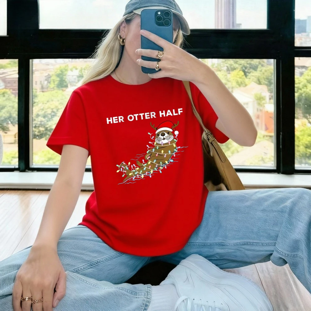 

Otter Half Matching Couple Christmas Sweatshirt Funny Pun Xmas Shirt Gift Jumper Streetwear O-neck Short-sleeve Cotton Tops