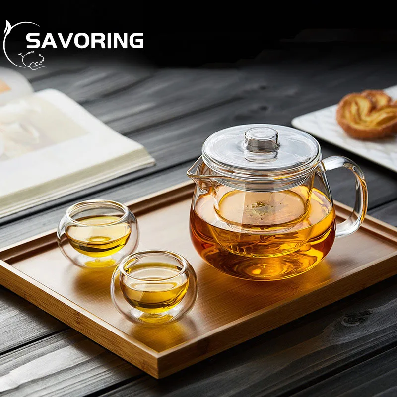 400ml Glass Teapot Heat-Resistant Borosilicate Glass Teapot Boiling Teapot Thickened with Handle Teapot Household Flower Tea Set