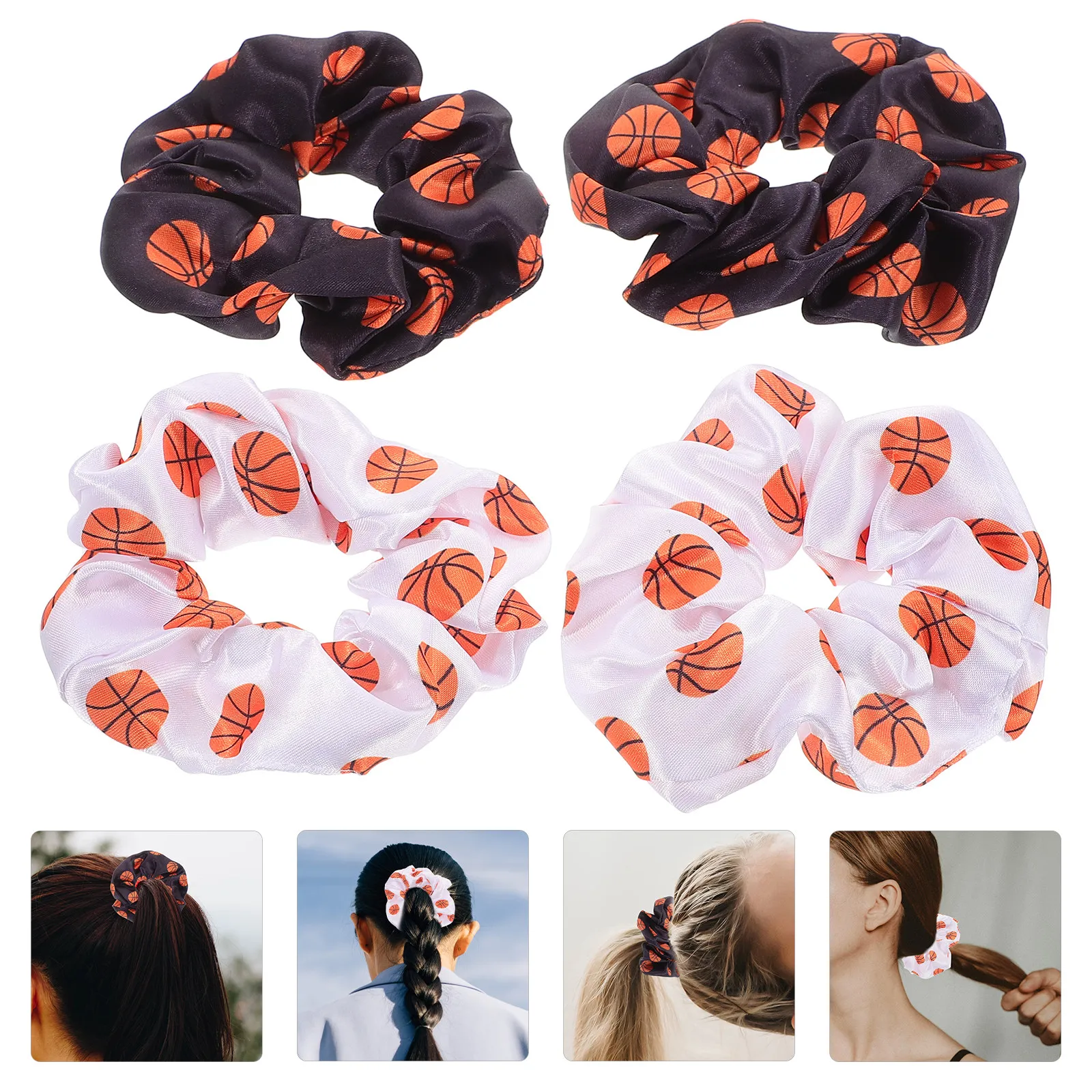 4Pcs Basketball Print Hair Bands Girls Scrunchies Elastic Decorative Ponytail Holders Sport Accessories Party Everyday