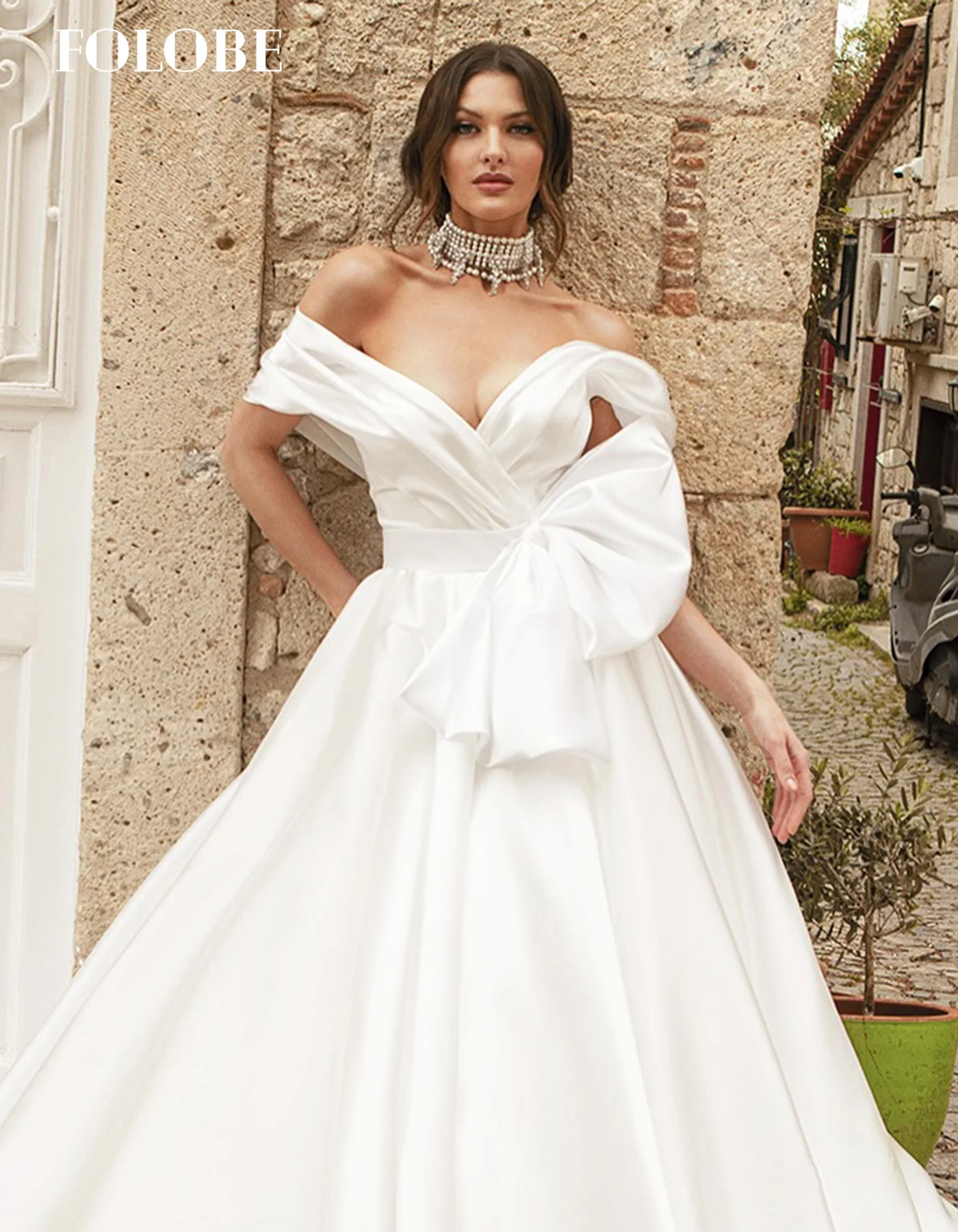 FOLOBE-vestido de novia línea a con hombros descubiertos, vestido de novia elegante con lazo plisado, vestido de novia con hombros descubiertos, vestidos de noche personalizados