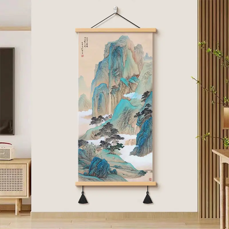 Chinese Ink Wash Style Wall Art, Wealth Landscape Painting for Office, Entryway, Tea Room, Study & Tatami Decor Scroll Poster