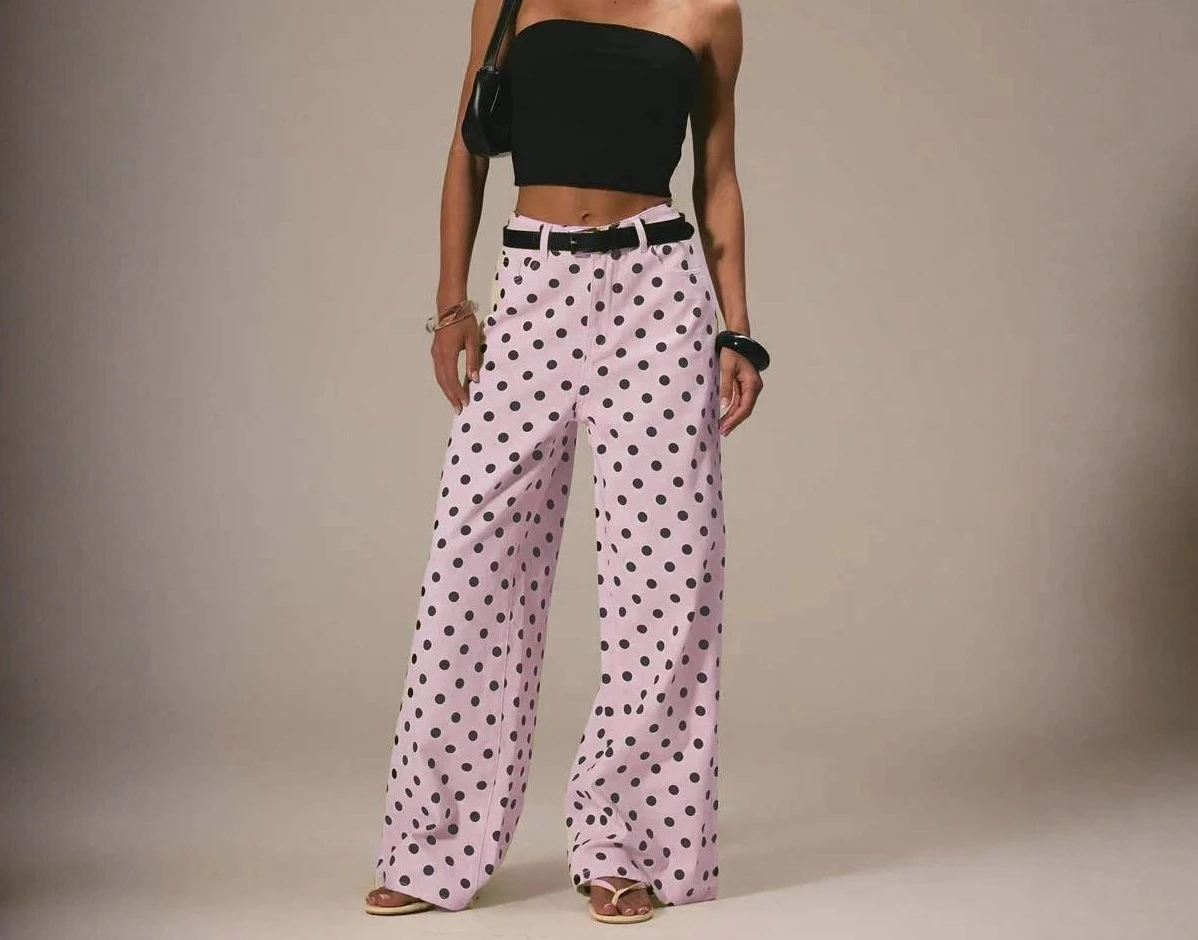 2026 Summer New Polka Dot Loose Casual Mid-waist Non-elastic Denim Trousers Women