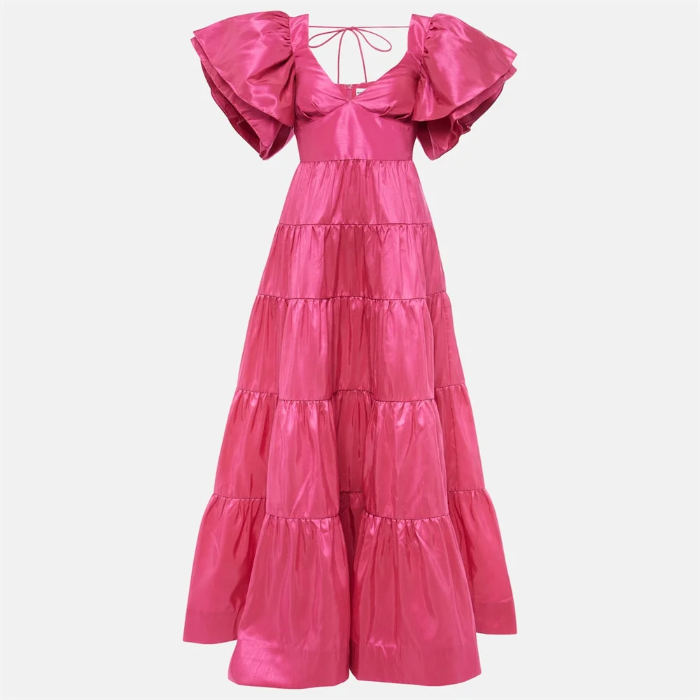 

Hot Selling Sweetheart Neckline Short Puff Sleeves Satin A-Line Evening Dress Elegant Back Zipper Ankle Length Gown For Women