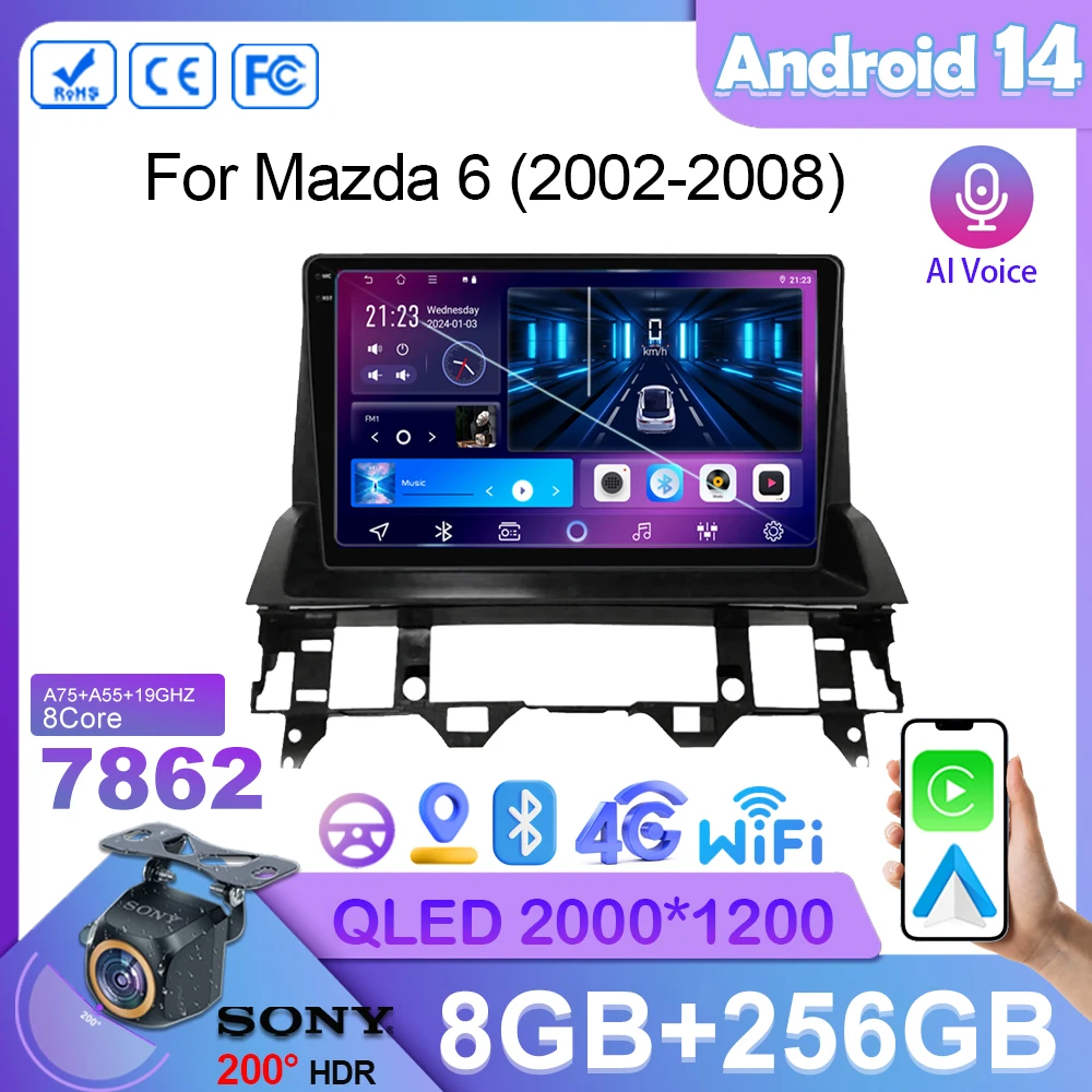 For Mazda 6 2002 2003 2004 2005 2006 2007 2008 WIFI 7862CPU Android 13 All In One Car Multimedia Player Intelligent System