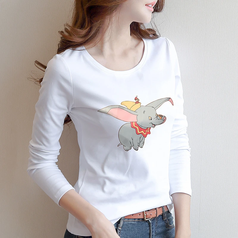 Spring Autumn Letter Printing Round Neck Cartoon Pullover Long Sleeve T-shirt Women\'s Clothing Undershirt Comfortable Tops