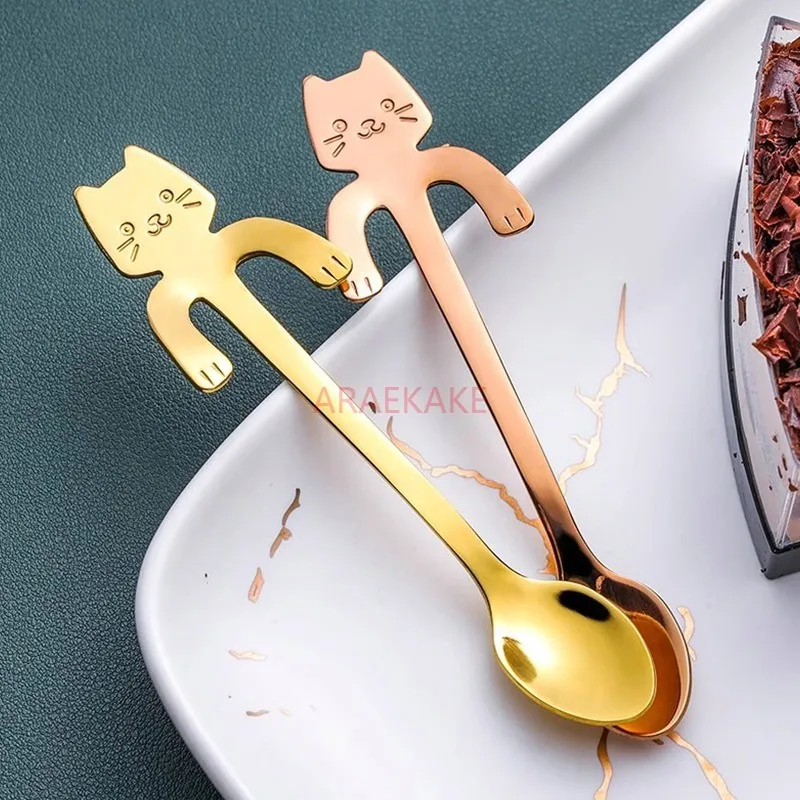الفولاذ المقاوم للصدأ لطيف القط على شكل ملعقة قهوة معلقة ملعقة الإبداعية الكرتون الإنترنت الشهيرة القط اثارة الحلوى ملعقة الآيس كريم #2