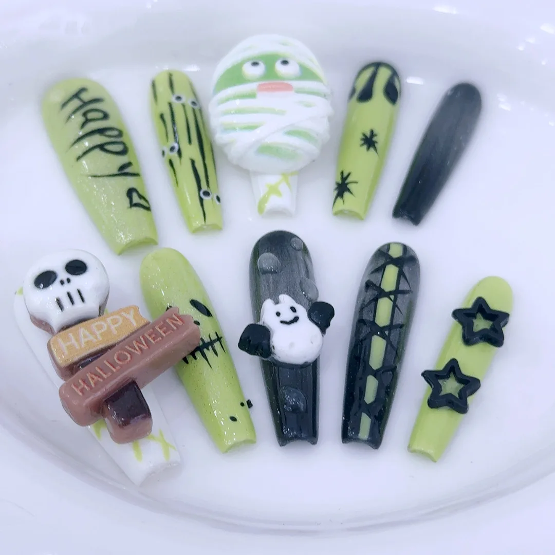 Halloween cartoon skull fake nail tips bandage patients fashion handmade fause nails art patch wearable fake nails set press on