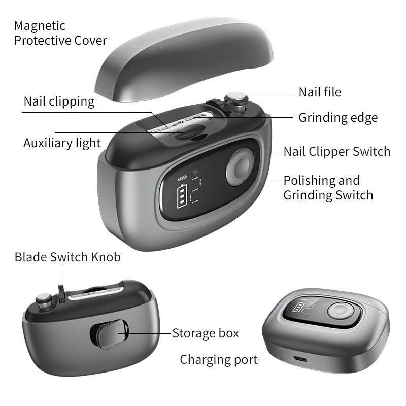 Upgraded Electric Nail Clipper S9, Patented 4-Blade, Magnifier & Digital Screen, Filing Polishing, Metallic Business Edition