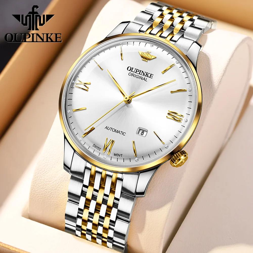 OUPINKE Men's Watches Simple Casual Automatic Mechanical Ultra-thin Watch for Man Original Swiss Movement Waterproof Sapphire