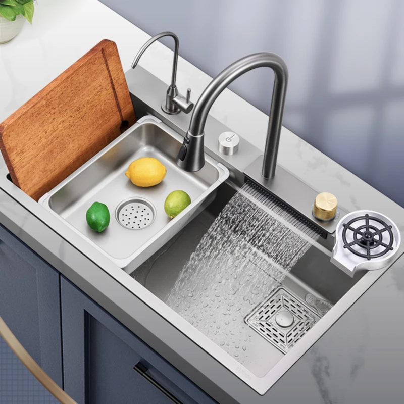 Rainfall Waterfall Kitchen Sink Drop In Workstation with Multiple Accessories Pull Down Sprayhead Faucet Single Bowl Wash Basin