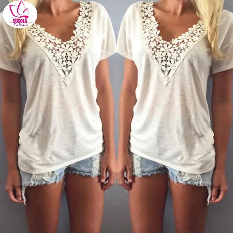 

Женская кружевная блузка с V-образным вырезом, с коротким рукавом