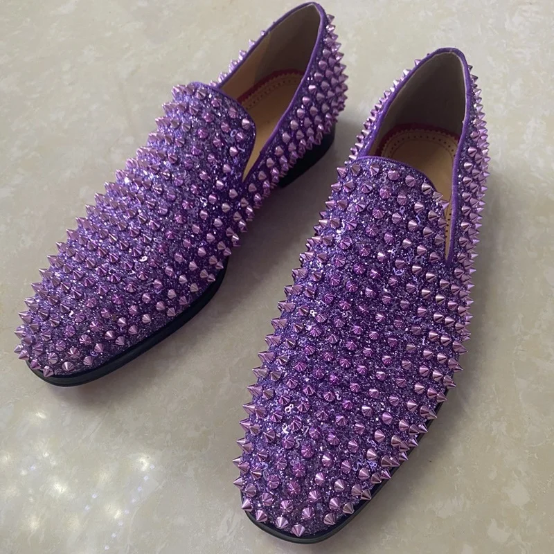 Luxury Bling Mens Purple Sequin Shoes Fashion Full Rivets Loafers Handmade Glitter Men Dress Shoes Summer Party And Wedding Shoe