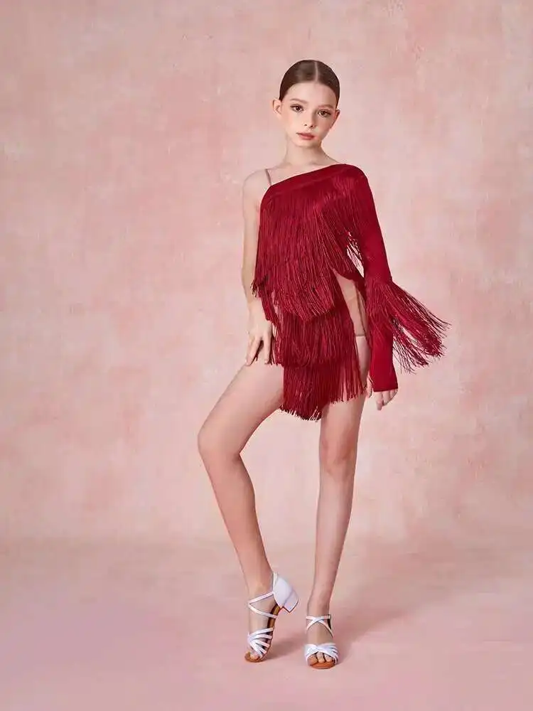 

Small ZYM[Half Shoulder]Dress Encryption Su Liu Latin Dance Dress Girls Diagonal Shoulder Strap Underwear 24082