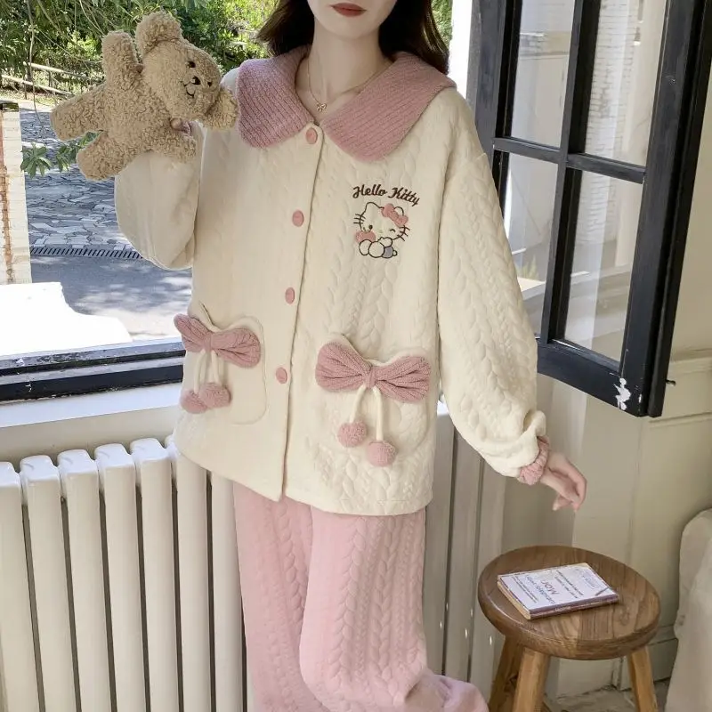 

Мягкие пижамы Hellokitty для девочек, осенне-зимний милый мультяшный воздушный хлопковый сэндвич, утолщенные брюки с длинными рукавами, комплект домашней одежды