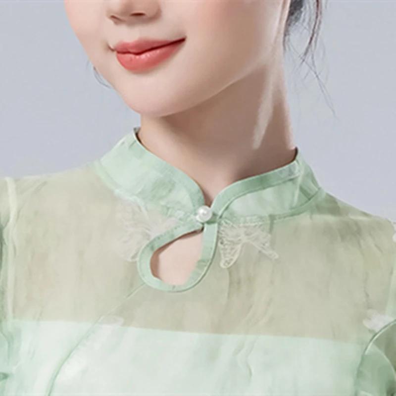 Top da danza classica da donna con orlo diviso, camicia lunga in rete di garza, collo cheongsam, performance Hanfu, camicetta fluida velata, abbigliamento da ballo