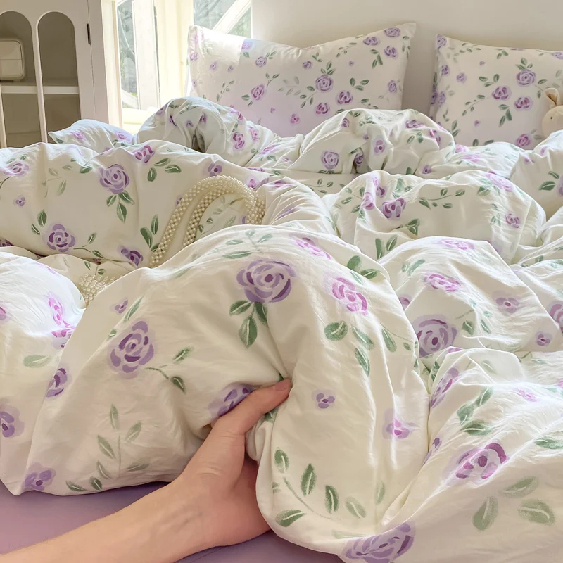 Juego de funda nórdica de algodón lavado, juego de cama individual/Queen/King Size, funda nórdica con estampado de flores y funda de almohada, ropa de cama