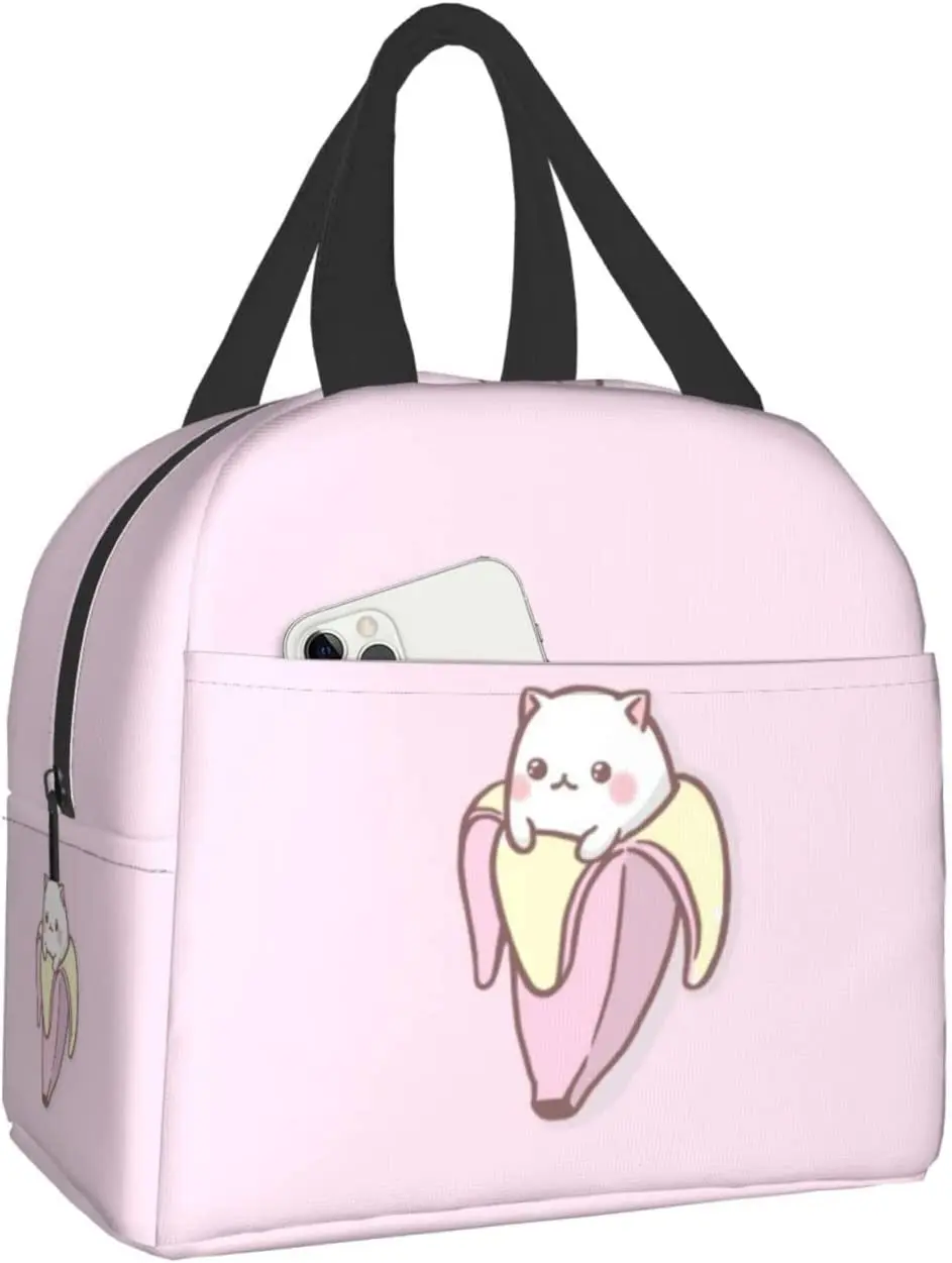 Pink Kawaii Cat Reusable Portable Thermal Lunch Box Insulated Travel Bag Lunch Bag Small Picnic Tote Snack Bag Food Container