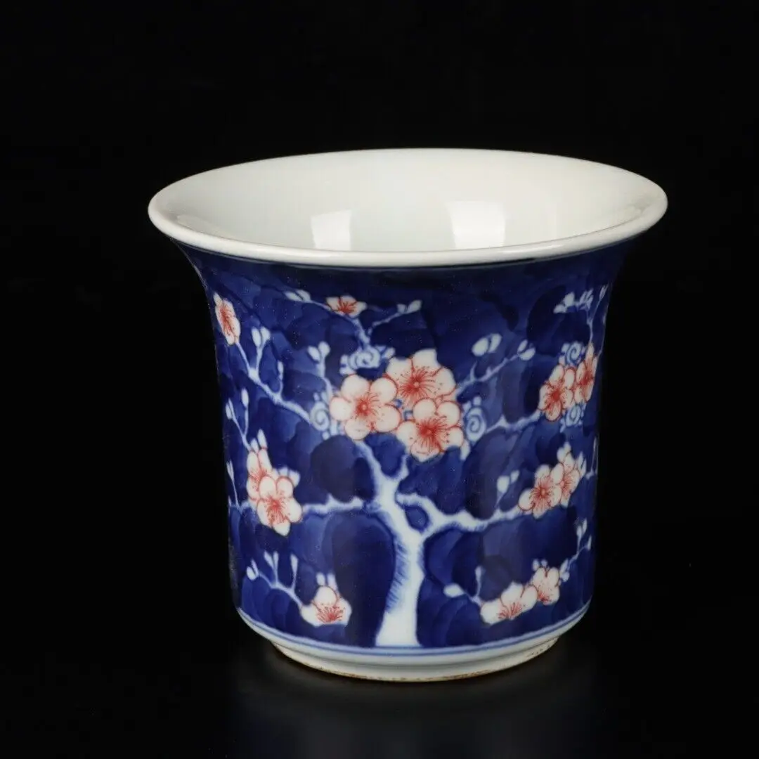 3.7" Chinese Blue-and-white Porcelain Red Glaze Plum Blossom Flower Pot