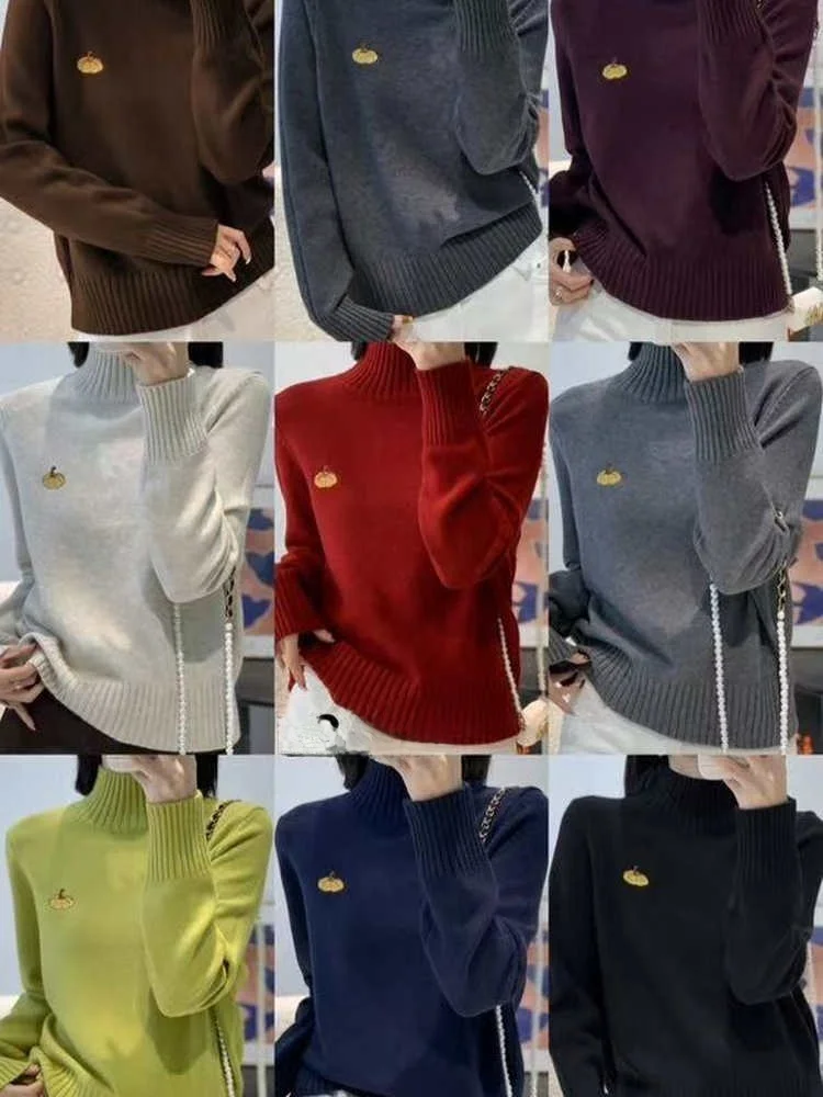 

Autumn Winter Pumpkin Embroidery Slim Fit Knit Sweater High Ne Overhead Base Layer irt Faionable Versatile Comfortable