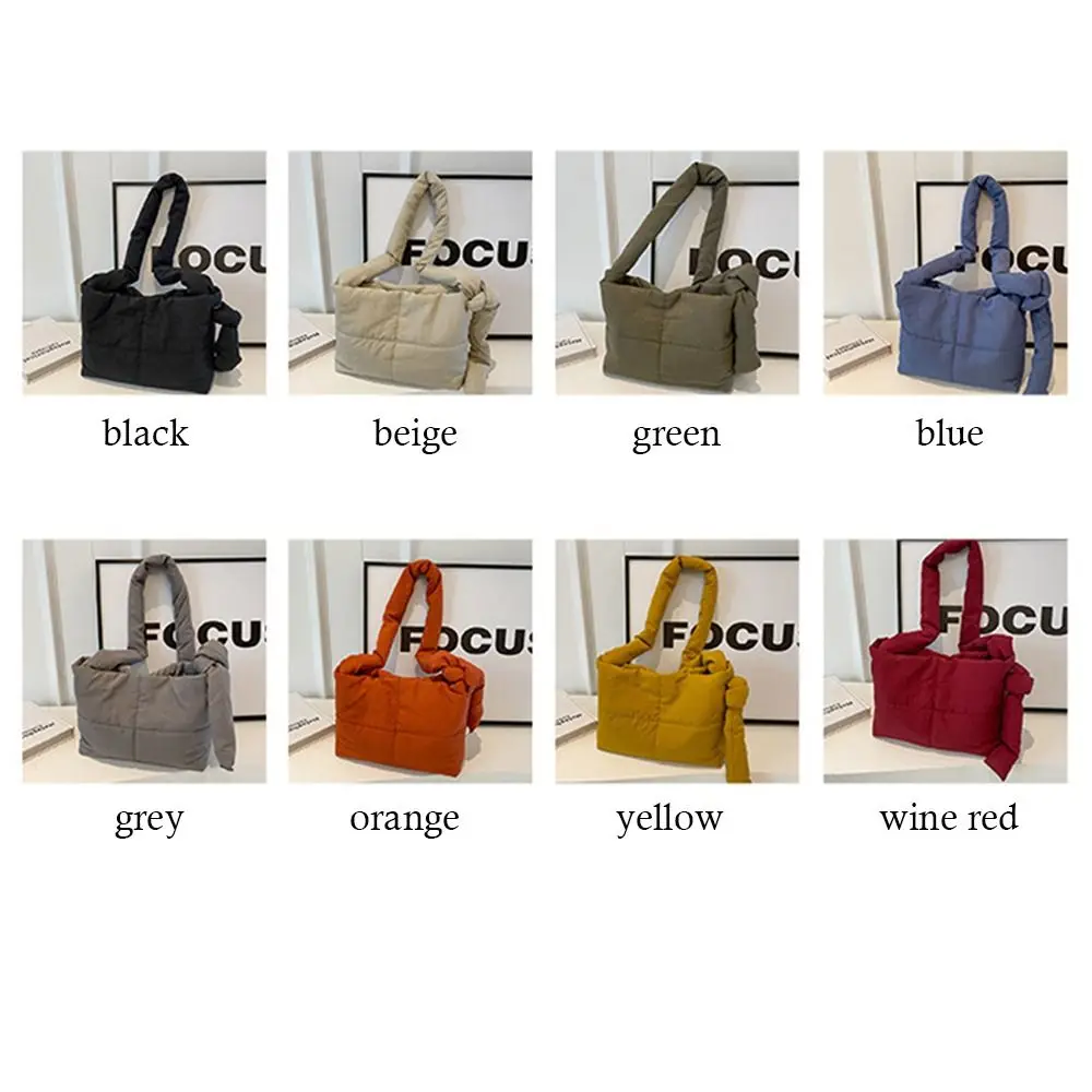 Bolsas mensageiro de ombro monocromáticas para mulheres, grande capacidade, algodão acolchoado, leve, bolsas inchadas para meninas, bolsa de compras