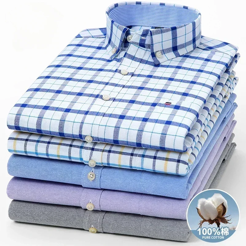 LIBIELIY 100-220 Catties Plus Size Men's Shirt 100% Cotton Long Sleeve Business Casual All Oxford Spinning Plus Size Plaid Shirt