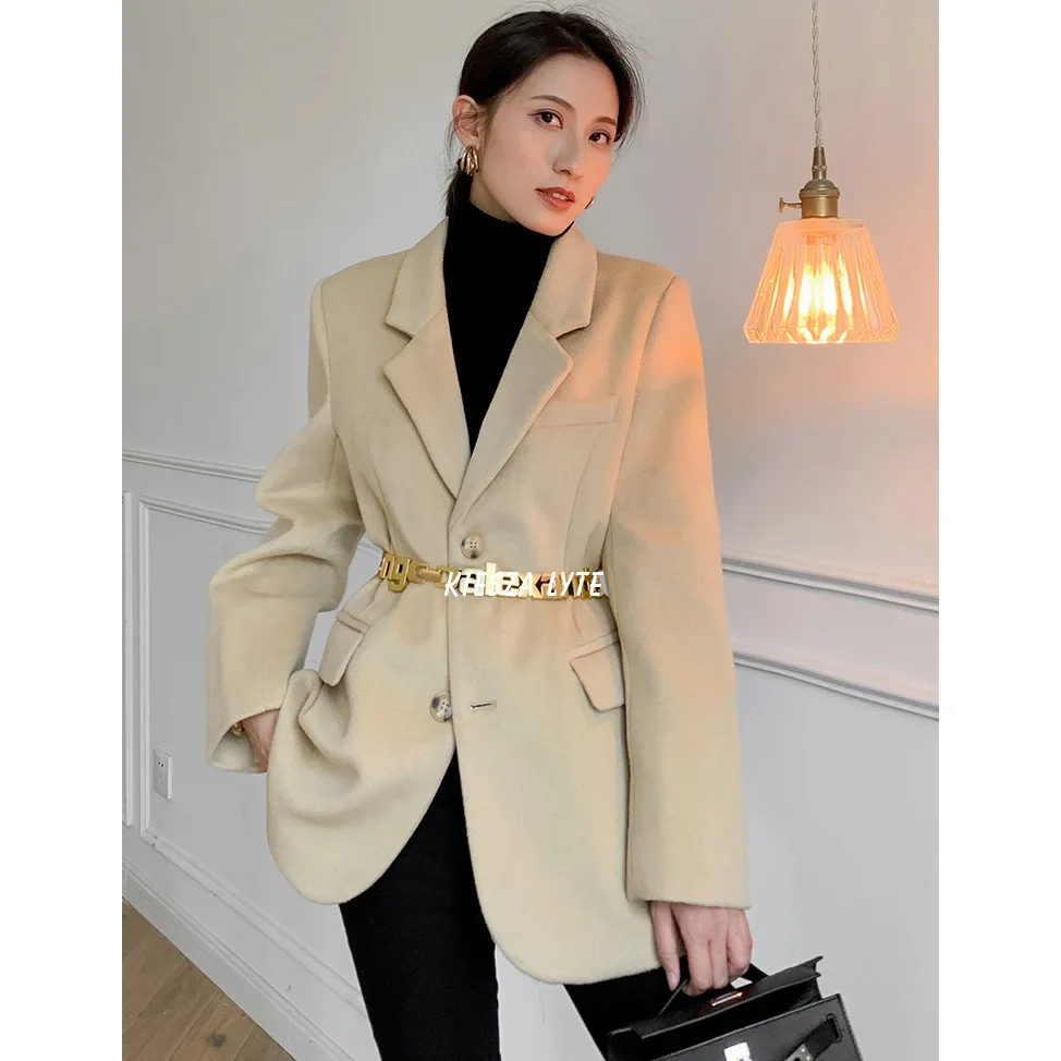 2024 Autumn Woman\'s Suit Jacket Khaki Woolen Tickened Notched Blazer Jackets Female Fashion Ladies High Quality