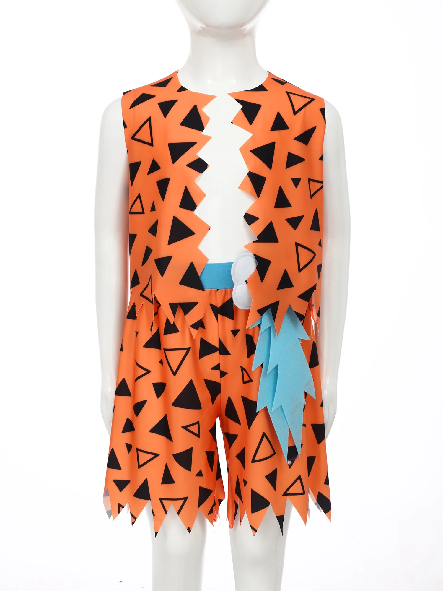 6-16Y Boys Flintstone Costume Halloween Cavemen Stone Age Primitive Man Tribe Cosplay Costume Print Vest 3D Bone Decor Shorts