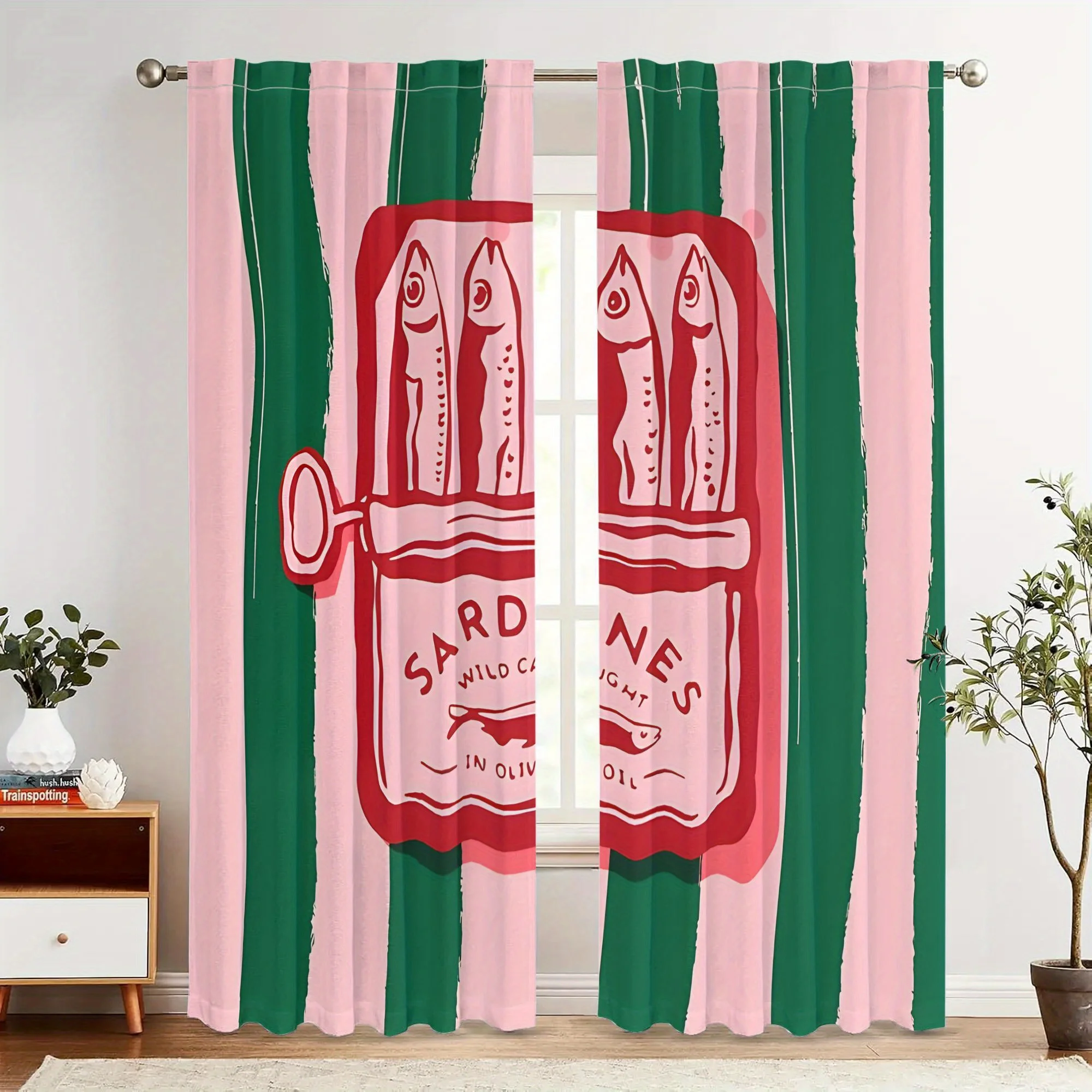Vintage Sardine Can Curtain, Pink Green Striped Drapes, Retro Kitchen Window Curtains, Artistic Fish Print, Multiple Sizes