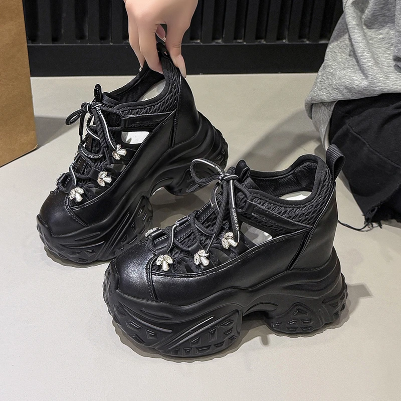 Women High Platform non-slip Sneakers Spring vulcanized Shoes 12CM Thick Sole Leather Casual Shoes Chunky Dad Sport Sneakers