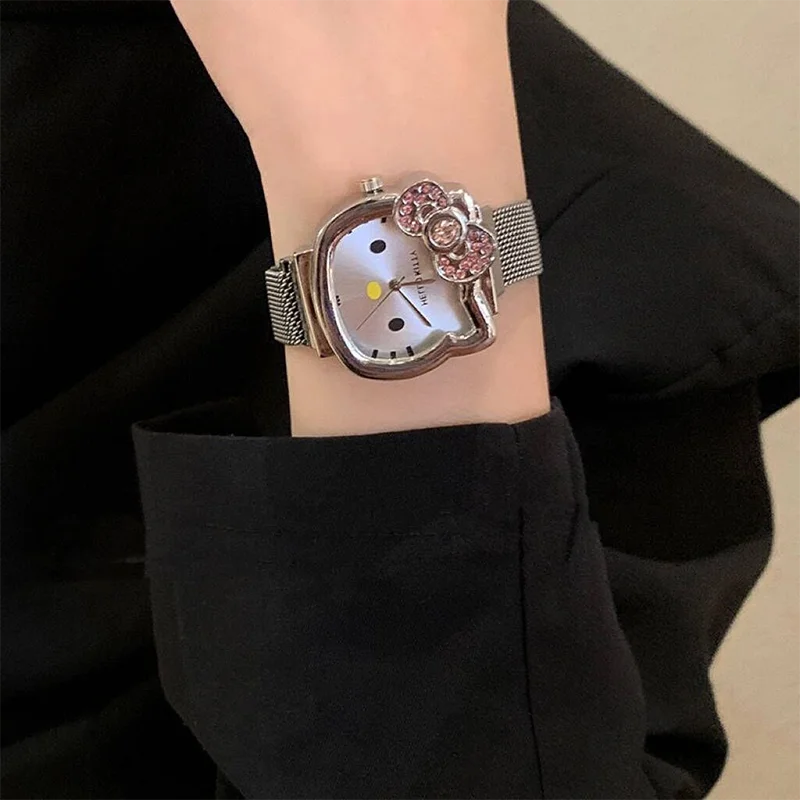 Sanrio Hello Kitty Diamond Watch Cat Bow Kawaii Pink Ladies Gold Sliver Metal Jewelry Cartoon Magnetic Watch Girlfriend Birthday