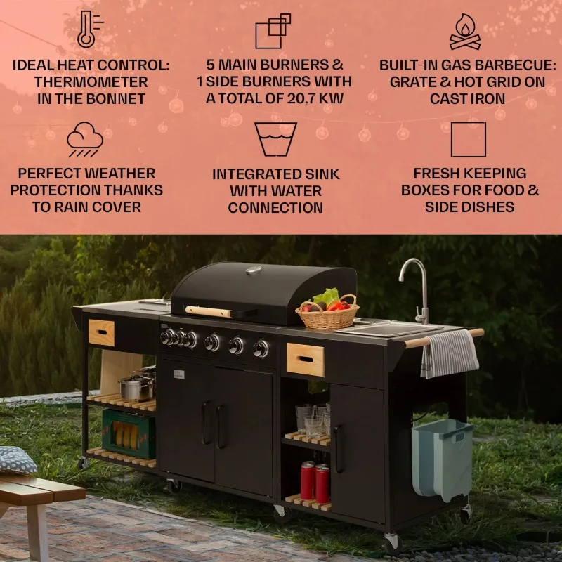 Portable Outdoor Kitchen Island 5 Burner Gas Grill with Side Burner and Sink Foldable Storage Shelf Black BBQ Grills   console