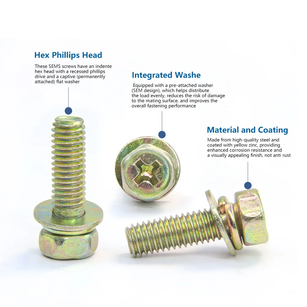 NINDEJIN Cross Hexagon Head Screw with Flat Washers Combine Spring Washers Yellow Zinc Steel M4 M5 M6 M8 Phillips SEMs
