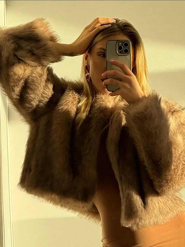 Sólido casaco de pele do falso recortado feminino elegante em torno do pescoço manga cheia fofo solto jaqueta 2025 novo inverno senhora do escritório commute casacos