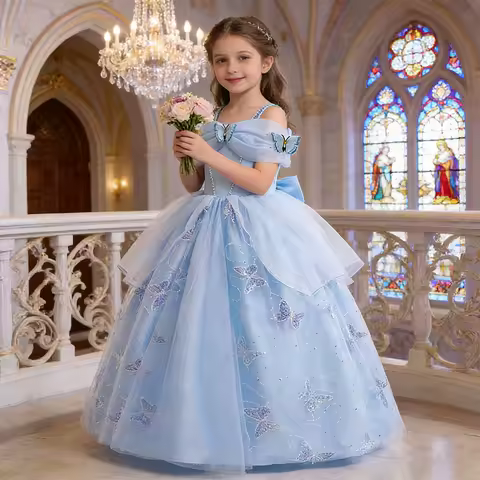Children's Party Dresses For Girls Elegant Cinderella Princess Dress Kids Girl Butterfly Blue Evening Dress Summer Prom Dress