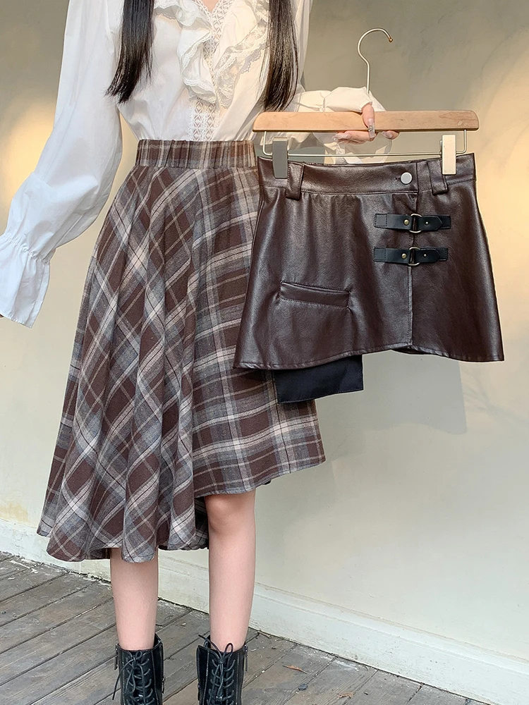 Stylish 2 Piece Stitching PU Plaid Skirts Women Korean Fashion High Waist Irregular Skirt 2024 New Autumn Winter Outfits Skirts