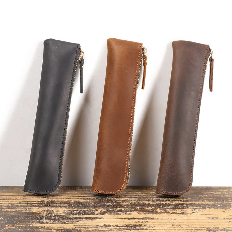 

Leather Distressed Pencil Case Classic Zipper Portable Top Layer Cowhide Fountain Pen Protector Functional Bag Pouch School