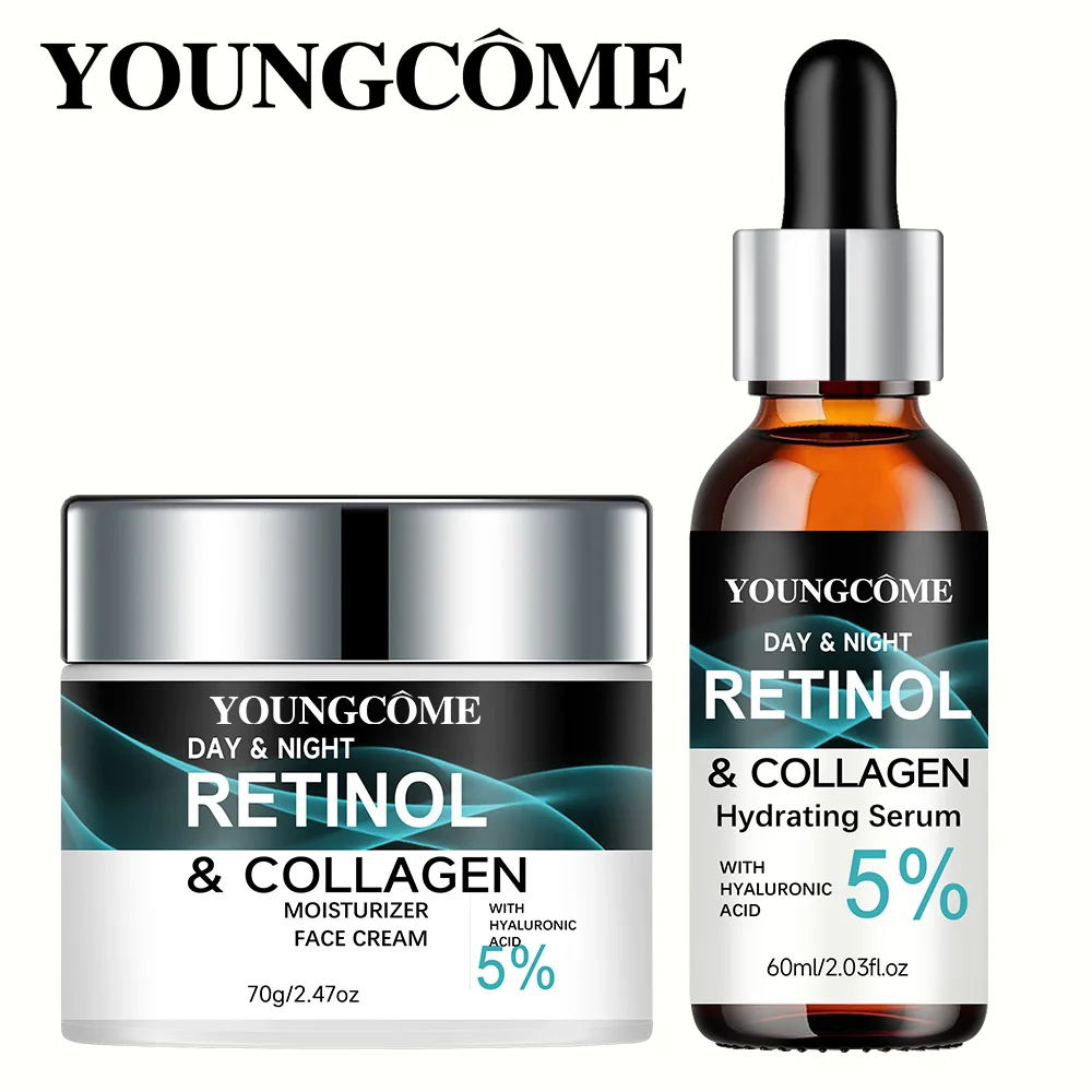 YOUNGCOME Set de esencia y crema hidratante de ácido hialurónico de colágeno y retinol - Kit de cuidado facial nutritivo diario para una hidratación profunda