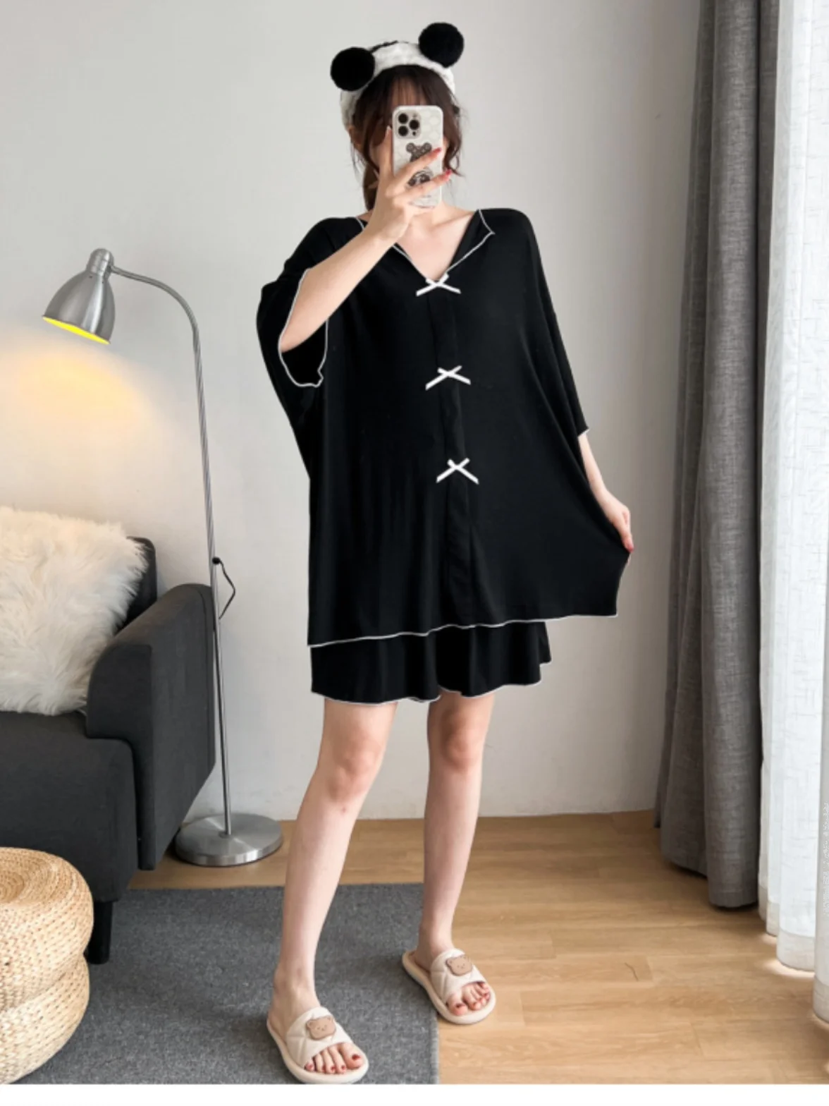 

plus Size Women's Summer Home Clothes Set V-Neck Short Sleeve Loose Comfortable Top And Shorts Two-Piece Suit Knot