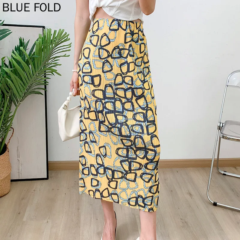 MIYAKE Design Pleated Skirt Women's Summer High Waist Printed Slim Princess Skirt Pleats Skirt New Summe Elegant Faldas Ropa