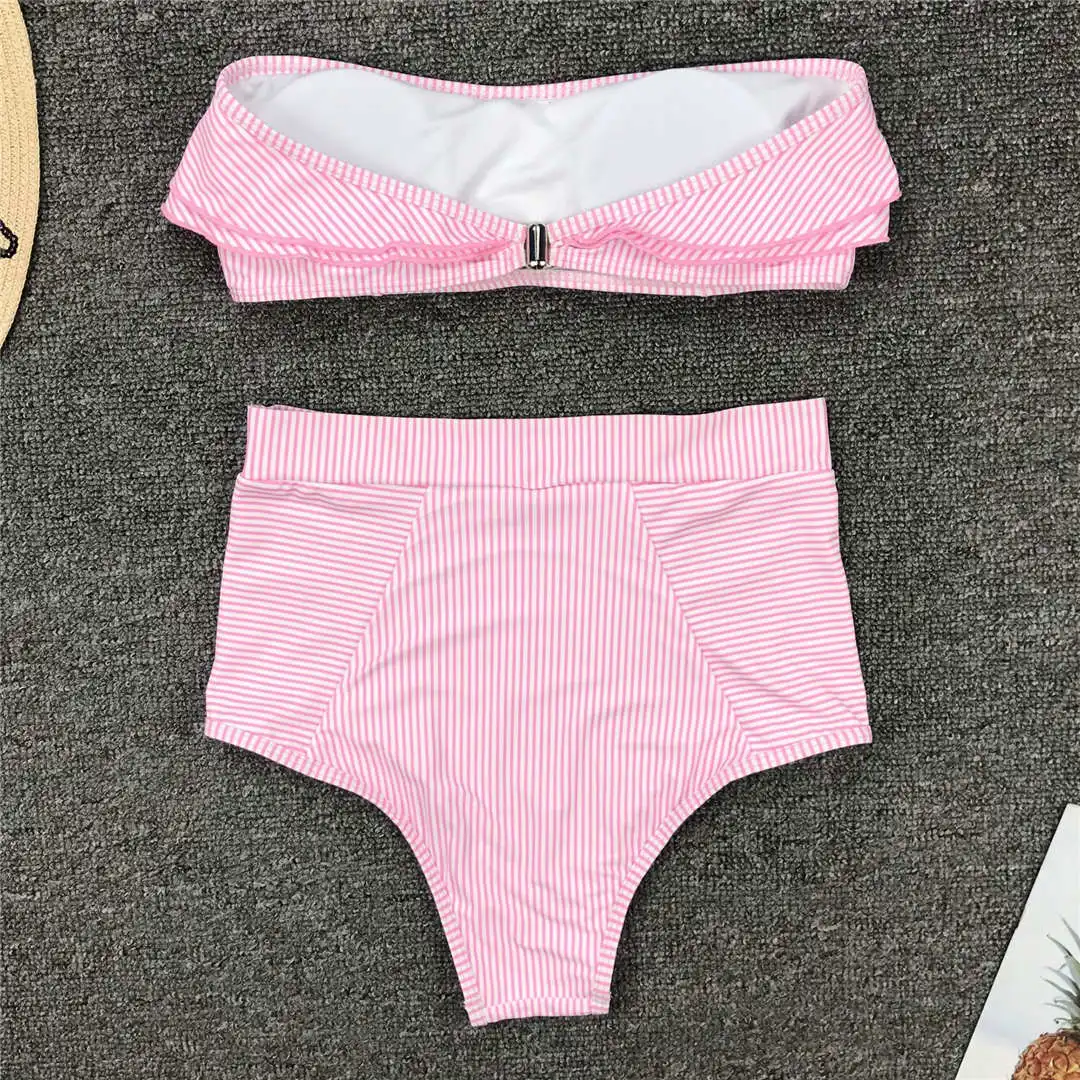 Gestreifter Bandeau-Bikini mit Rüschen, Damen-Badeanzug, hochtailliert, zweiteiliger Bikini, Badebekleidung, Badeanzug, Modell V1183. – Detail 19