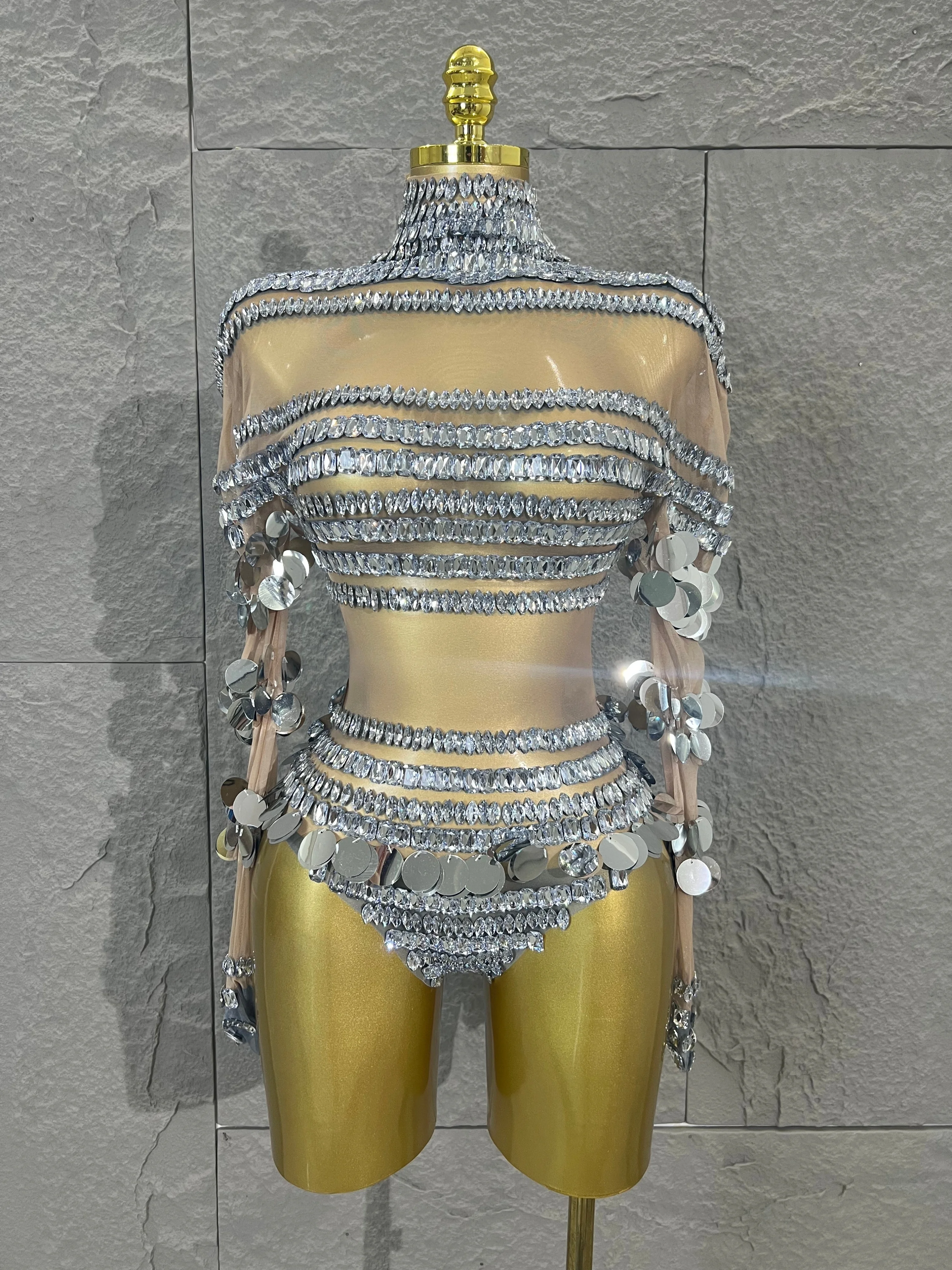 Women's Sparkling Silver Rhinestone Piece Outfit, High Neck Sheer Mesh Topwith Sequin Frin Mini Skirt for Rave,Clubwear