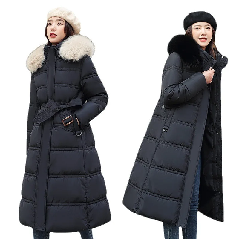 Elegant Cotton Padded Down Coats Women Hoodies Fur Collar With Belt Thicken Female Parkas 2024 Winter Fashion Lady Snow Wears