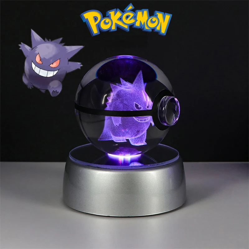 Pokemon 3D Crystal Poke Ball Figure Toys Anime Gengar Mimikyu Jigglypuff Eevee Figurines LED Lamp Base Pokeball Glass Ball Gifts