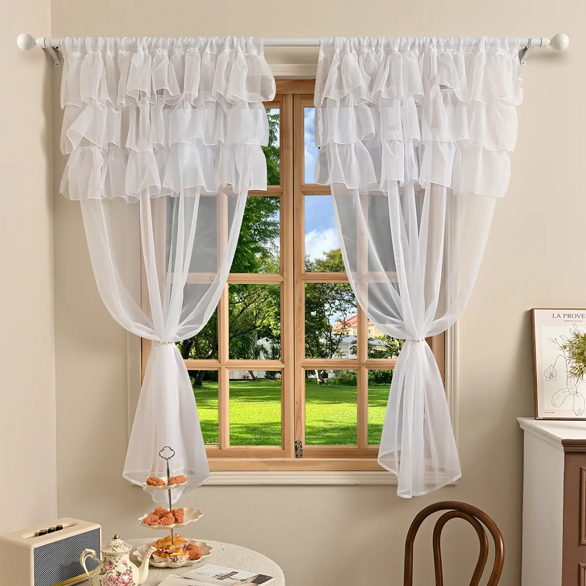 1pc Solid Colour 3 Laces Sheer Curain with Rod Pocket, Lace Curtains for Living Room, Bedroom, Home Decor, Window Screen