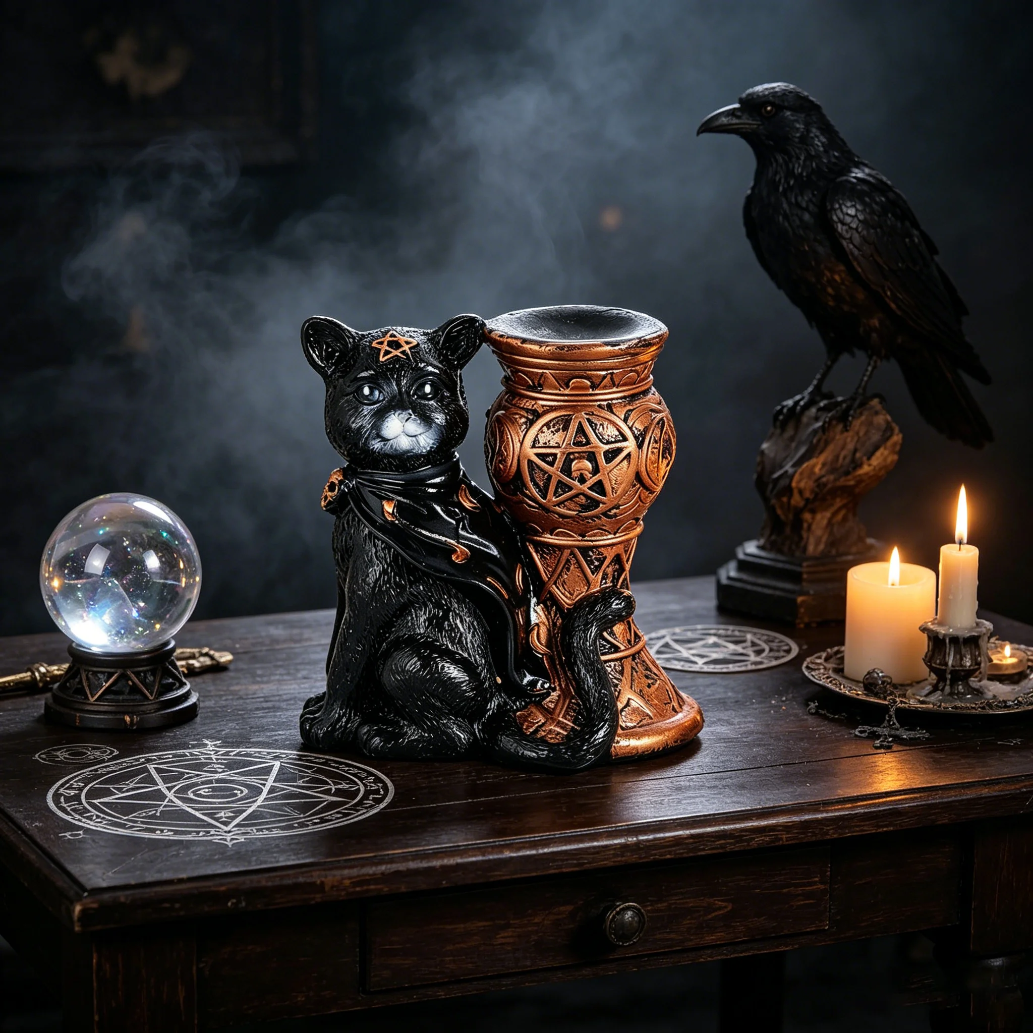 Wicca-Hexen Schwarze Katze Pentagramm Kristallkugelhalter Vintage Harz-Kerzenhalter Altar-Ornament Kugel-Präsentationsständer Deko-Geschenk – Detail 1