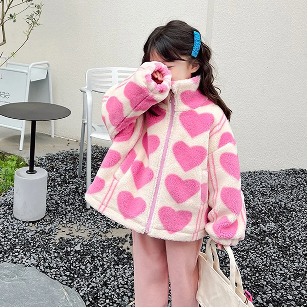 Pink Heart Plush Girls Jacket Fall Winter Woolen Grain Velvet Warm Outerwear Fashion Stand Collar Princess Christmas Coat Kids
