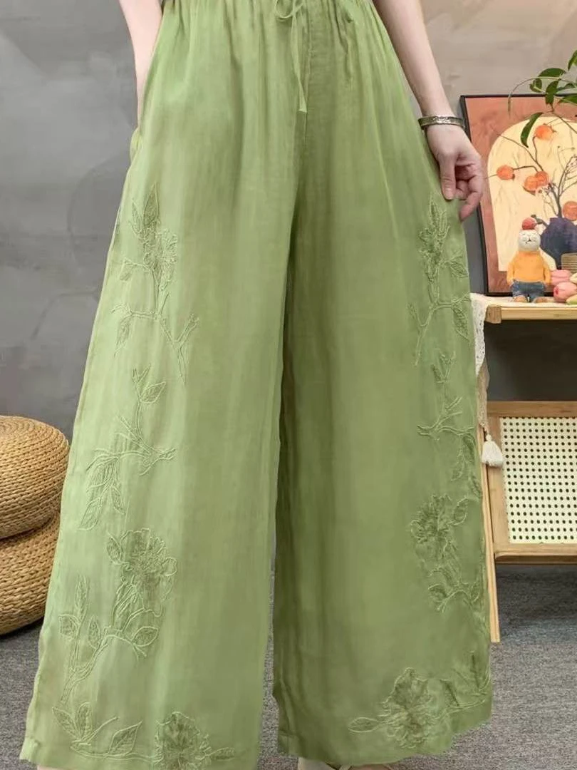 Casual Heavy Embroidery Cotton Linen Double Layer Thin Wide Leg Pants High Waist Loose Fit Summer Leisure Trousers for Women