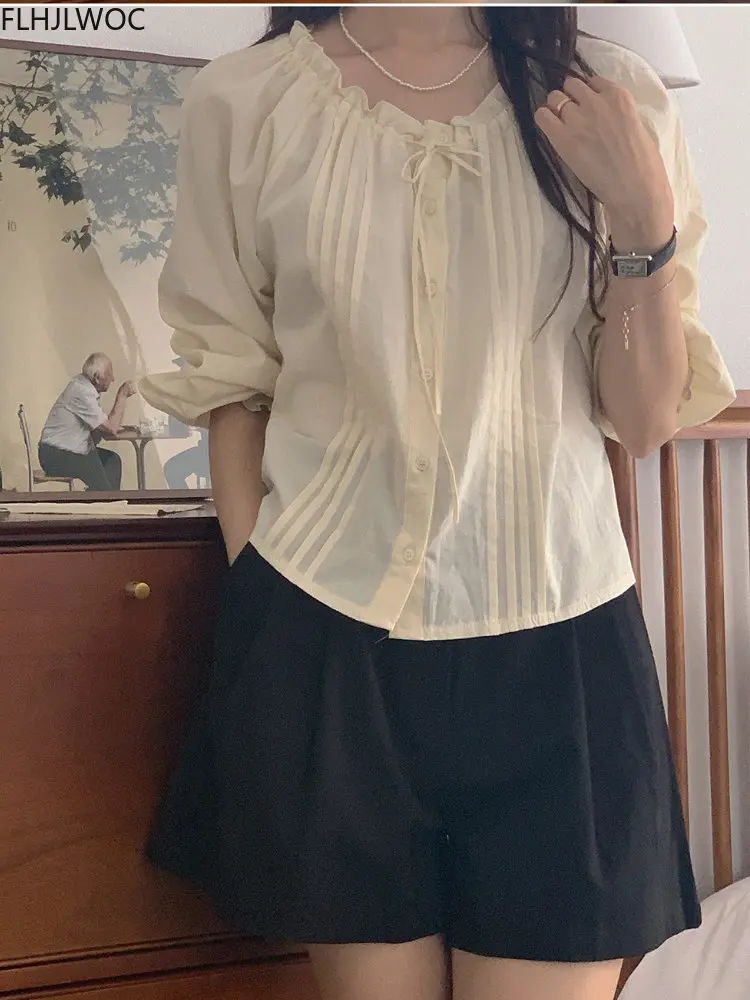 Hot Sales Bow Tie Ruffles Tops Blusas 2024 Cute Sweet Girls Chic Korea Fashion Clothes Solid Cotton Blends Women Shirts Blouses